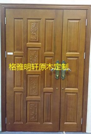 陕西原木门对开门格雅明轩柚木原木门实景